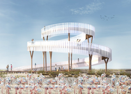 Spiraling Steel Columns with Perforated Metal Screen Overlooking Wetland Biodiversity