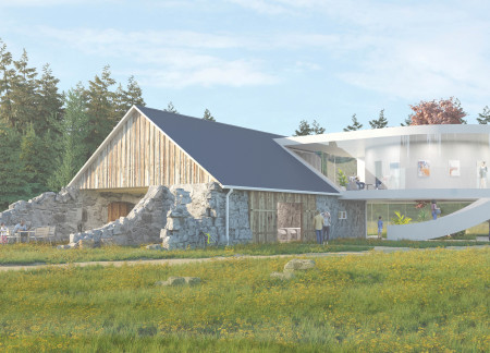 Elevated Circular Volume with Full-Height Glazing in a Historic Stone Barn Setting