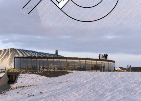 Subterranean Entrance Embracing Concrete and Steel in a Volcanic Landscape Visitor Center