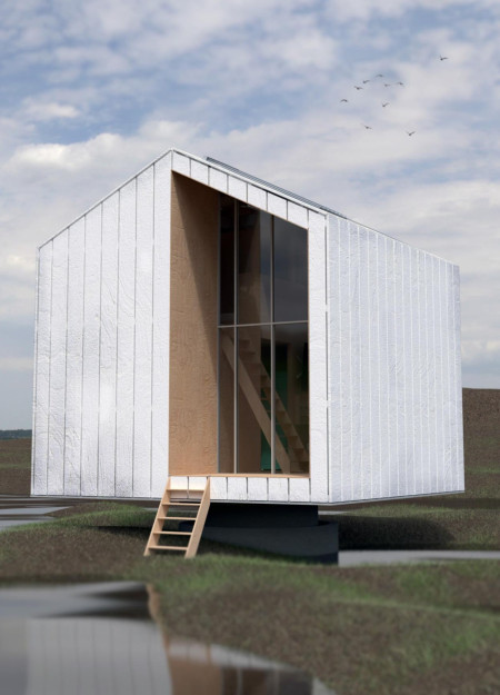 Buoyant Flood-Resistant Design Featuring Acacia Wood and Reflective Cladding for Enhanced Sustainability