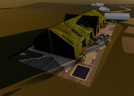 Driftwood Structures and Lava Stone Accents in a Contemporary Turf Longhouse