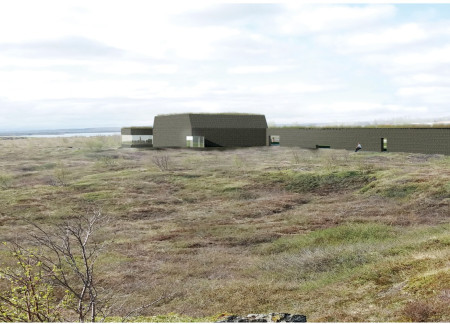 Perforated Facade of Black Aluminum Foam Framing Expansive Views in a Volcano Landscape