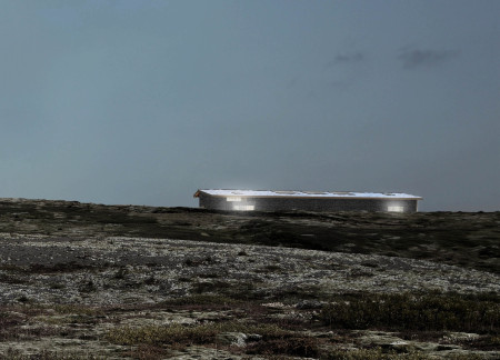 Dark Brick Structure Framing Hverfjall's Crater Through Reflective Light Panels