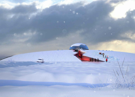 Caf&eacute; with Green Roof and Central Void in Volcanic Landscape