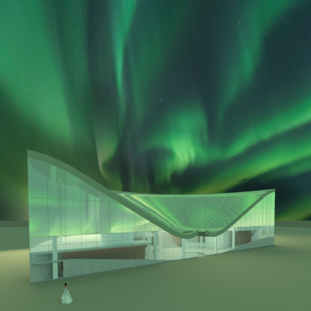 Reflective Aluminum Facade with Curved Roof and Central Courtyard in Volcanic Landscape