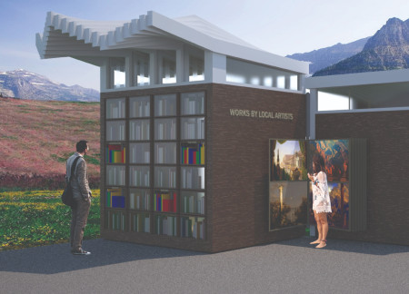 Rotating Aluminum Shelves and Plywood Nooks in a Portable Reading Room