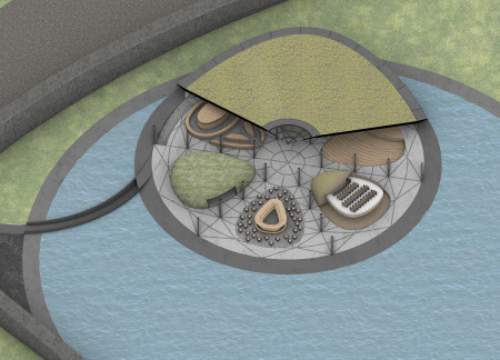 Gabion Walls and Moss-Covered Pods Enhancing Volcanic Landscape Education