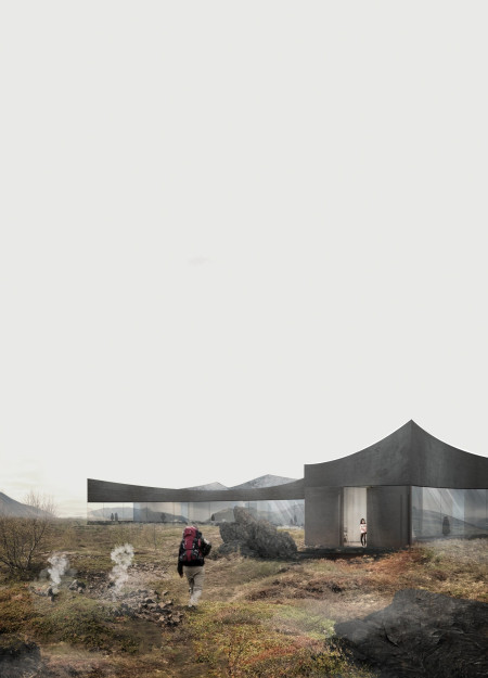 Reflective Facade Blending Curved Geometry with Volcanic Landscape Functionality
