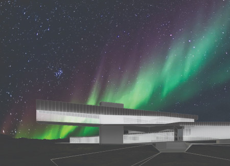 Ethereal Glass Facade and Concrete Piers Shaping a Volcanology Experience