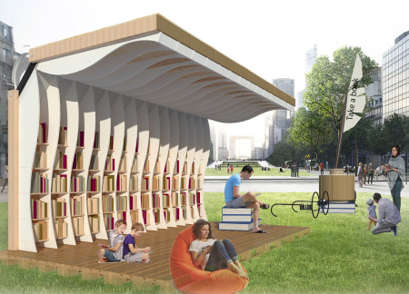 Corten Steel Bike Rack and Plywood Shelters in a Community Reading Space