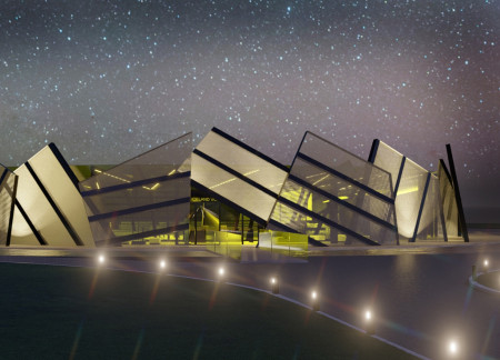 Backlit Volcanic Core in Concrete and Glass Museum Design