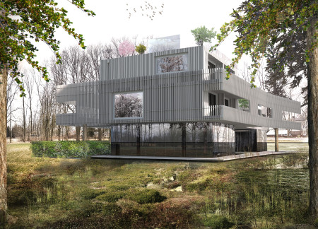 Timber Frames over Mirrored Glass in Elevated Forest Living