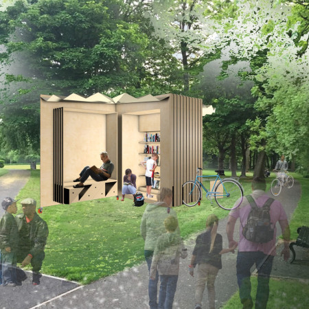 Concave Roof Design Crafted from Plywood and Polypropylene for Community Reading Exchange