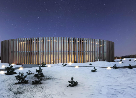 Crater Atrium with Reflective Glass in Volcanic Landscape