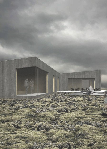 Charred Wooden Cladding and Thermal Mass in a Visitor Center for Volcanic Landscapes
