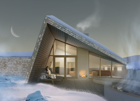 Curved Concrete Spine with Expansive Glass Facades in a Natural Landscape Setting