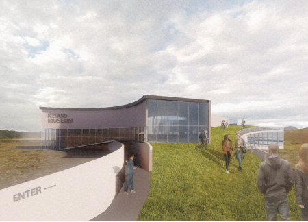 Reflective Stainless Steel and Lava Rock Integration in Volcanic Education Center