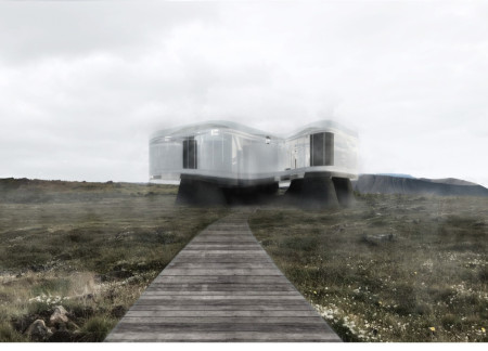 Experiencing Northern Lights Through a Half-Glazed Roof over Geomimicry Inspired Volcanic Layers