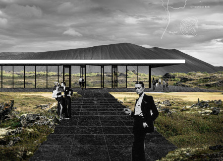 Ethereal White Line Blending with Basaltic Landscape