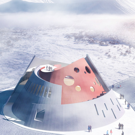 Central Shaft and Glass Curtain Capture Views of a Volcanic Landscape