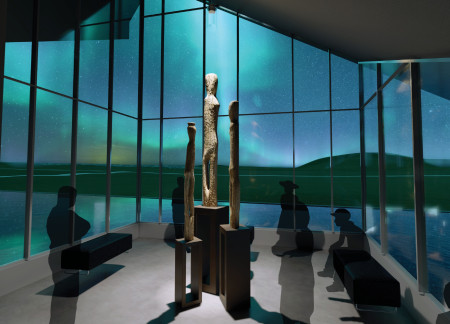 Folding Roof and Reflecting Pool in a Volcanic Landscape