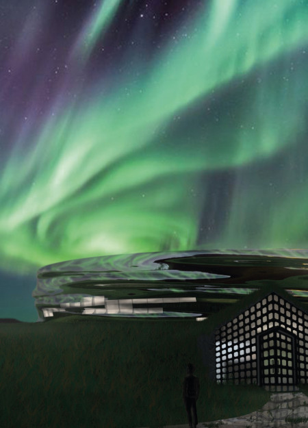 Reflective Facade Mirroring Nature with Views of Hverfjall and the Northern Lights