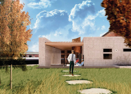 Recycled Brick and Black Steel Housing with Green Roofs