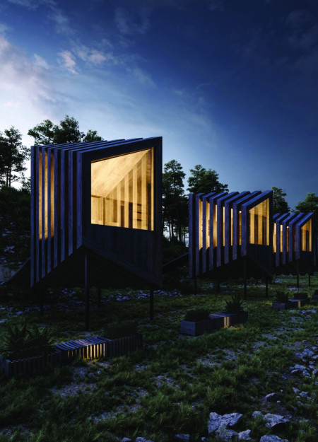 Asymmetrical Cabins Supported by Cross-Laminated Timber and Steel Columns