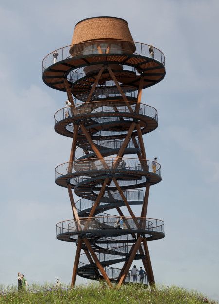 Reed-Covered Shelter with Rotating Balconies in Sloped Landscape