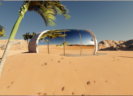 Reflective Lodge with Glazed Facade and Wooden Louvers in the Desert