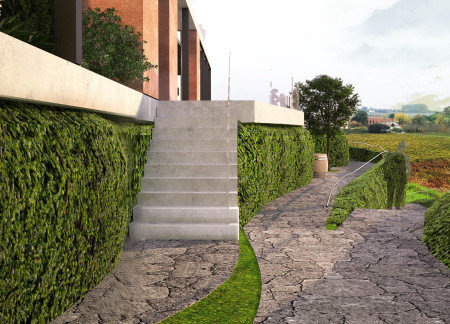 Black Stone Walls Framing White Fa&ccedil;ades in a Vineyard Tasting Space