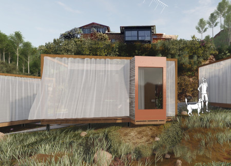 Meditation Cabins with Charred Wood Facades and Beaded Wainscot