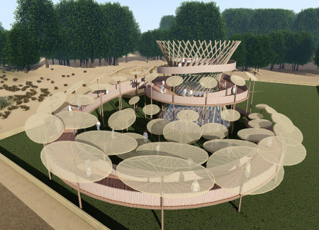 Curvilinear Wooden Structure with Fabric Shading for Community Engagement