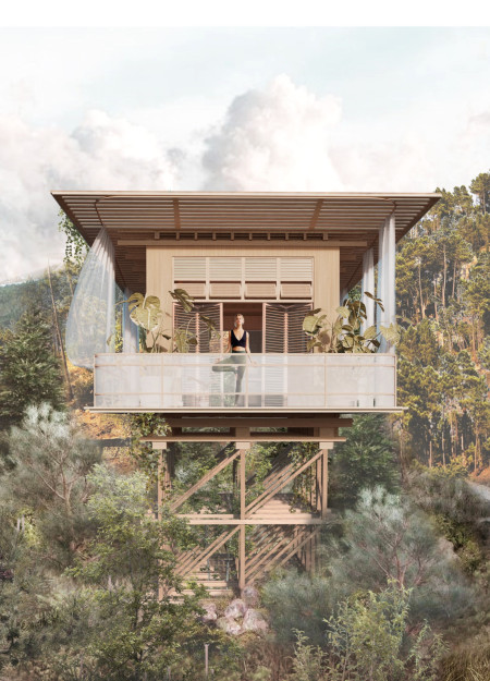 Curvilinear Timber Modules Embrace Natural Tranquility in a Shared Wellness Retreat