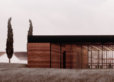 Rammed Earth Walls and Wooden Sun Breakers Enhancing Wine Tasting Experience