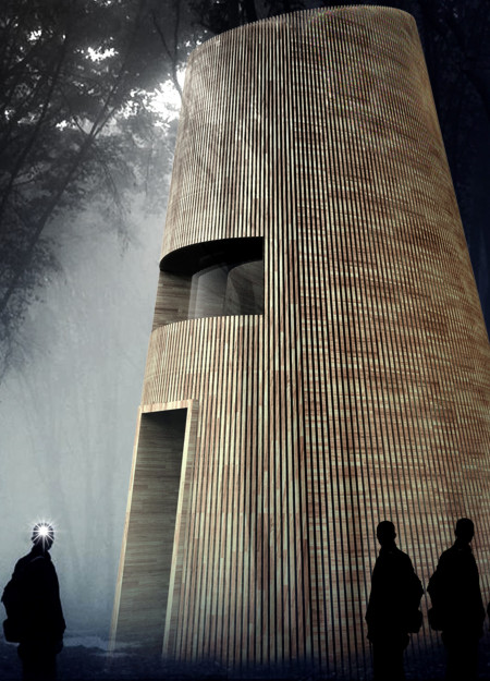 Light-Filled Cabin with Wooden Slits for Meditative Retreats