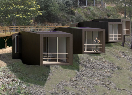 Wood Cladding Retreat with Slope Integration and Multifunctional Walkway