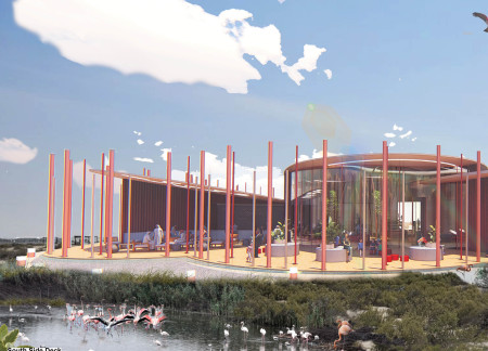 Terracotta Shell Embracing Wetlands for Enhanced Visitor Interaction