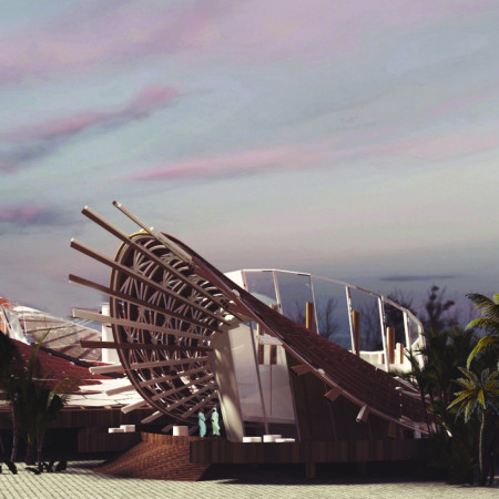 Bamboo Shell Structure Embracing Natural Views with Integrated Solar Canopy