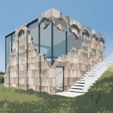 Glass Cube Framed by Rough Stone in a Vineyard Tasting Room