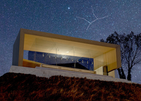 Charred Wooden Shingles and Glass Facades Defining a Tasting Hall in a Vineyard Setting