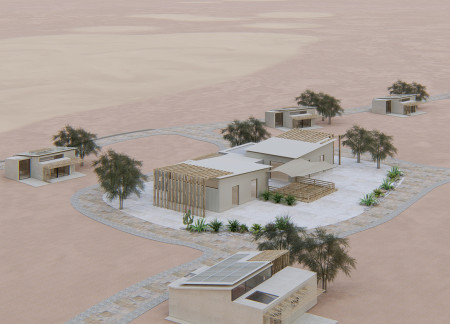 Charming Retreat Crafted with Pre-Cast Concrete and Sustainable Wood Elements in a Desert Oasis