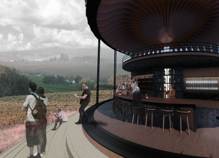 Cylindrical Structure with Wooden Beams Overlooking the Vineyard