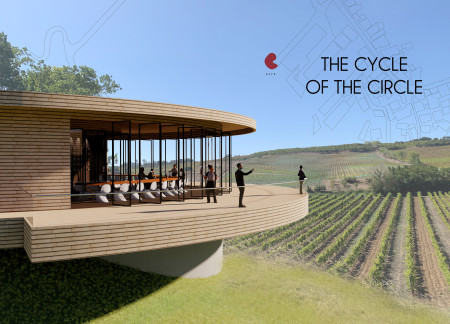 Circulated Views Within a Limestone-Clad Tasting Room