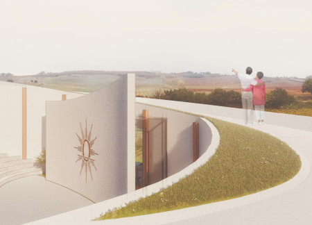 Swirling Ramp in White Concrete and Wood Frames for Unique Vineyard Tasting Experience