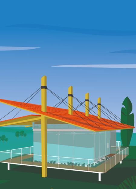 Curved Glass and Wooden Columns Enhancing Vineyard Gatherings