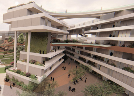 Central Garden Integration with Elevated Walkways in Urban Housing