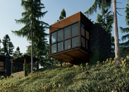 Floating Therapeutic Space Framed by Glass and Natural Stone