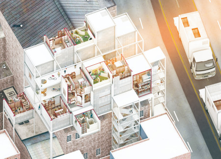 Flexible Living Units with Concrete Walls and Wooden Grids