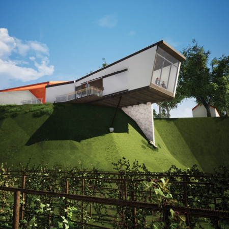 Terracotta Facade Framing Vineyard Views in a Gathering Space